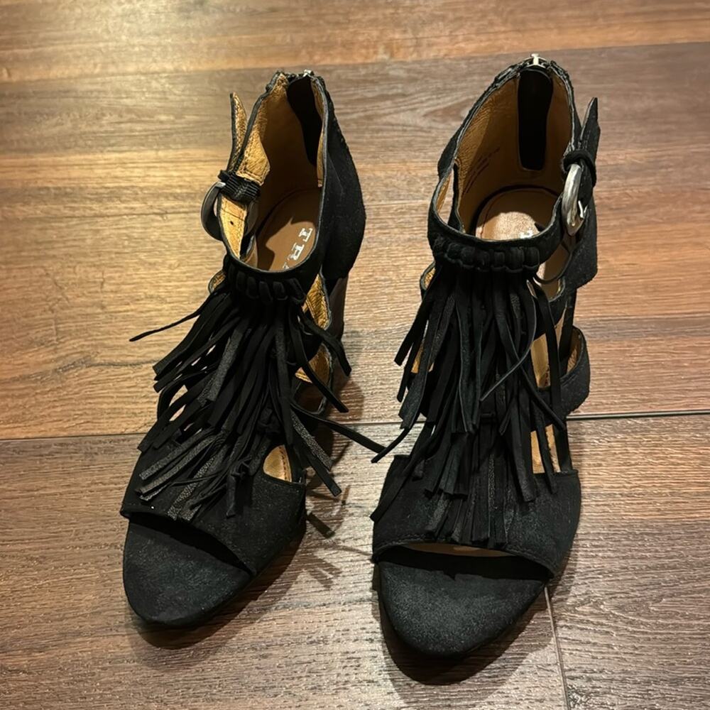 Trask Black Wedges with fringes and ankle closure/ back zipper.